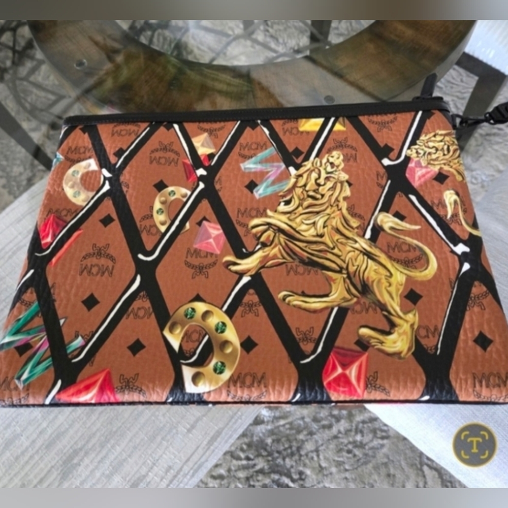 MCM Brown Black Gold Lion Pattern Large Flat Purse Clutch 13"x10" (Rare)